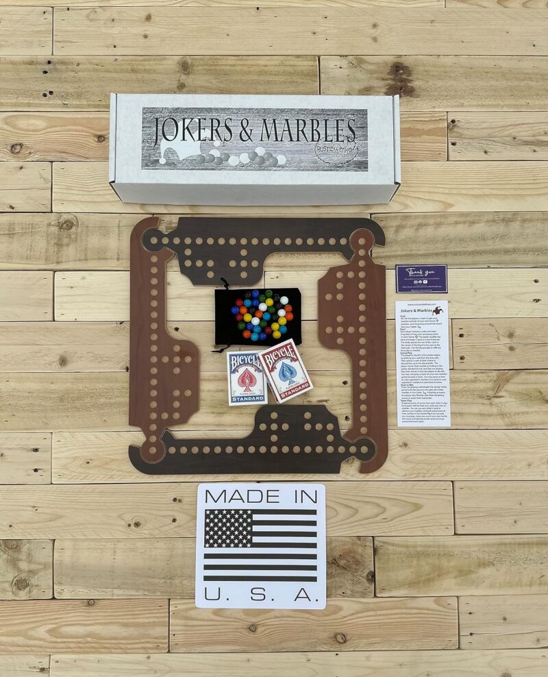Wooden puzzle pieces and marbles are shown in this example of marble games.