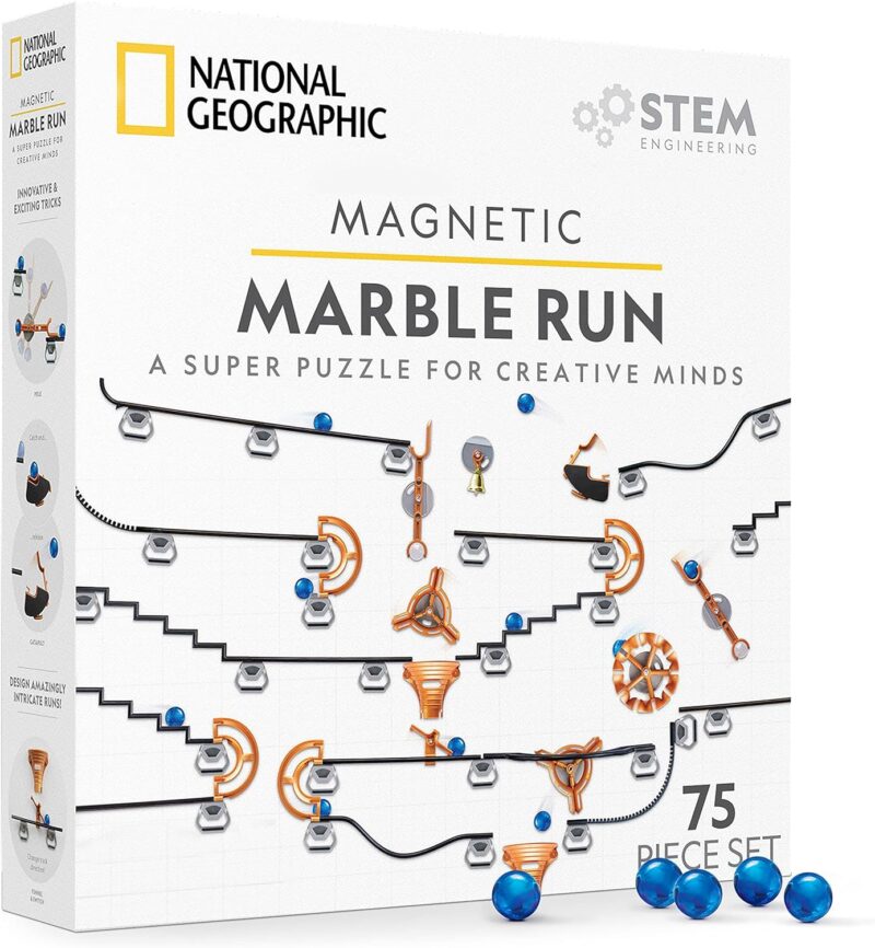 A white box shows thin differently shaped magnetic pieces. Text reads Magnetic Marble Run. Blue marbles are also shown. 