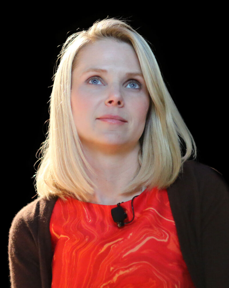 Famous engineers include marissa mayer shown here. She is blonde with shoulder length hair and blue eyes.