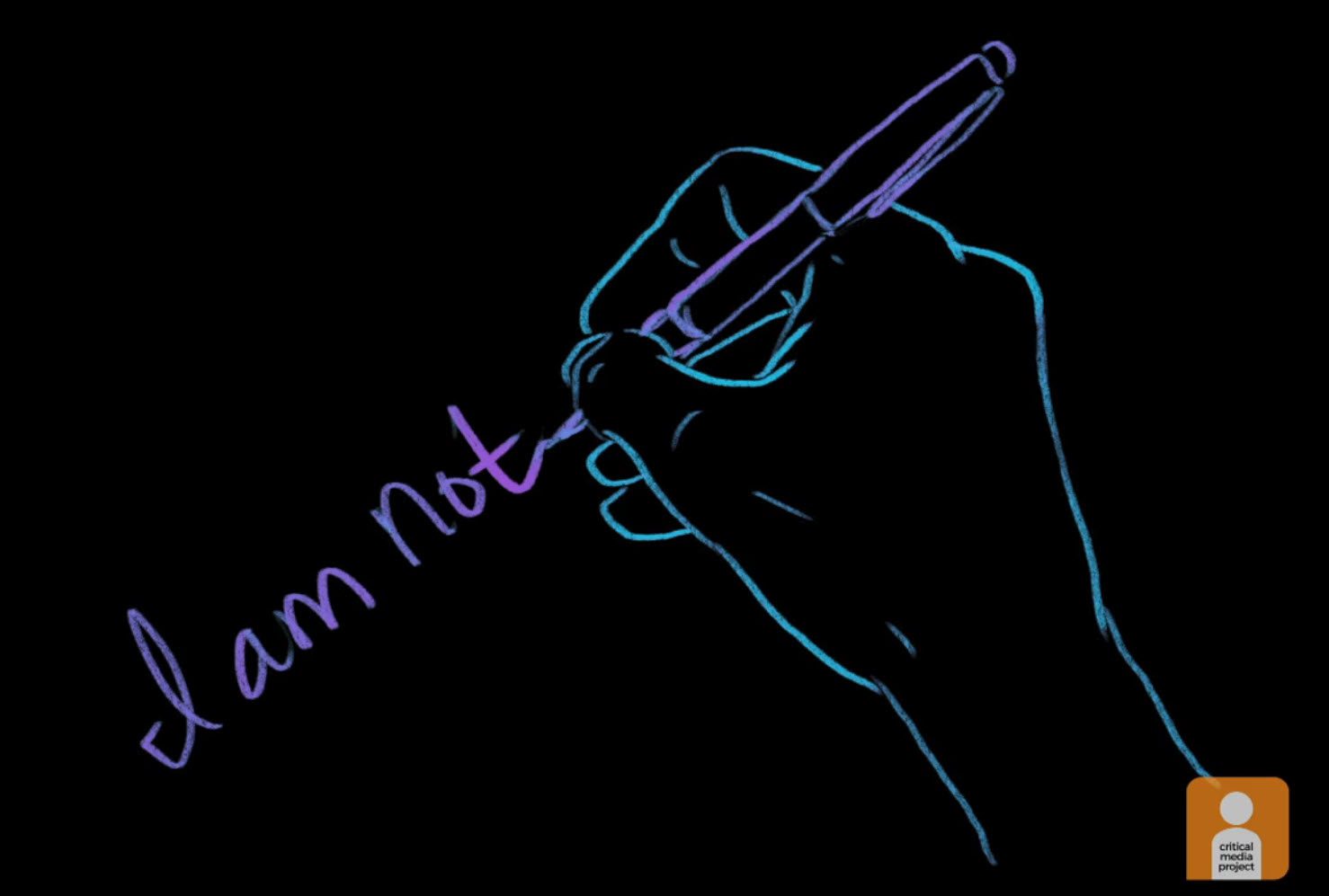 Cartoon hand writing "I am not" on a black background (Martin Luther King Activities)