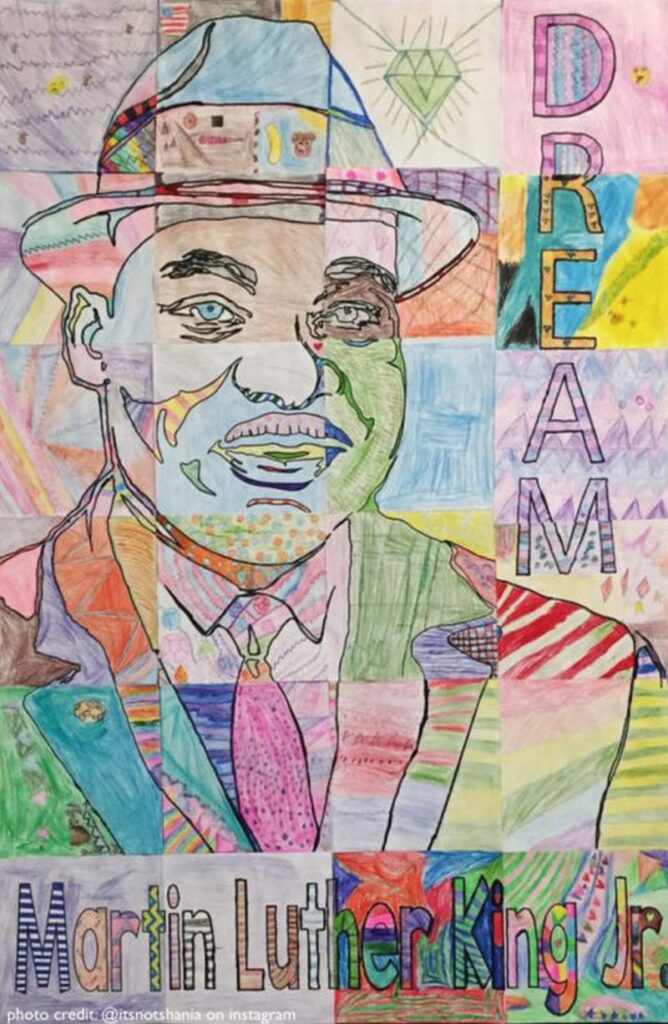 Collaborative art project showing Martin Luther King, with one section colored by each student
