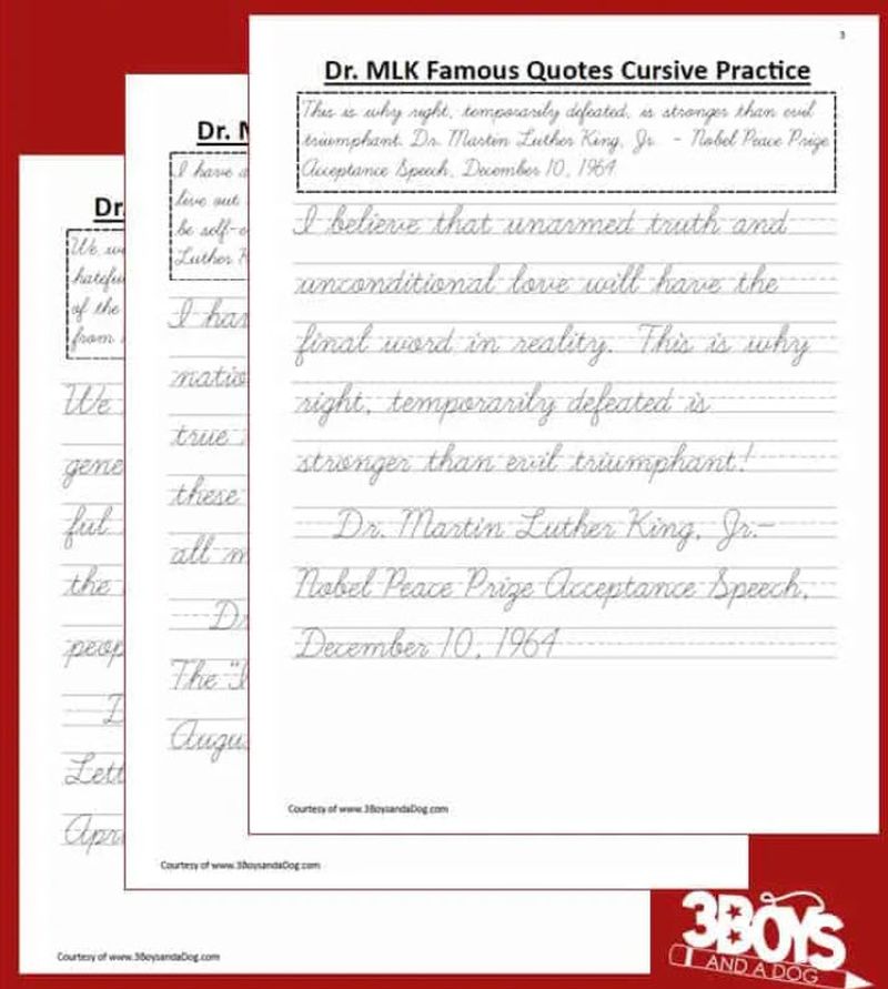 Three printable worksheets with traceable quotes by Dr. Martin Luther King in cursive handwriting
