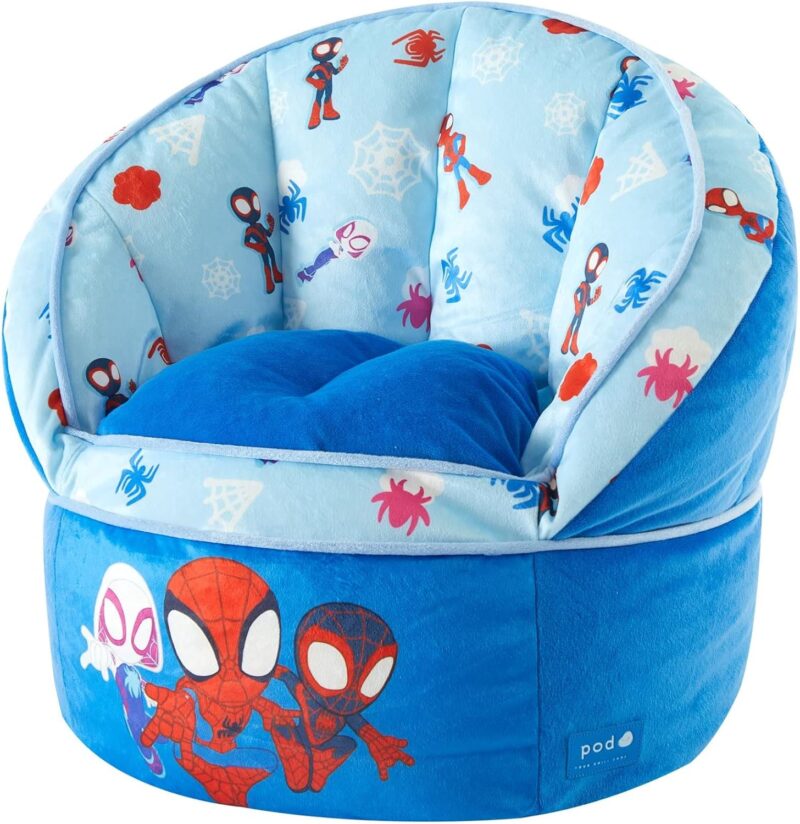 A bean bag chair in different shades of blue has the kids' superheroes Spidey and Friends on it.