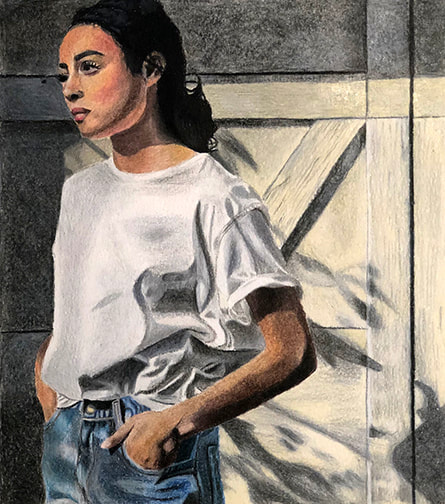 A painting shows a woman in men's wear with her hands in her pockets.