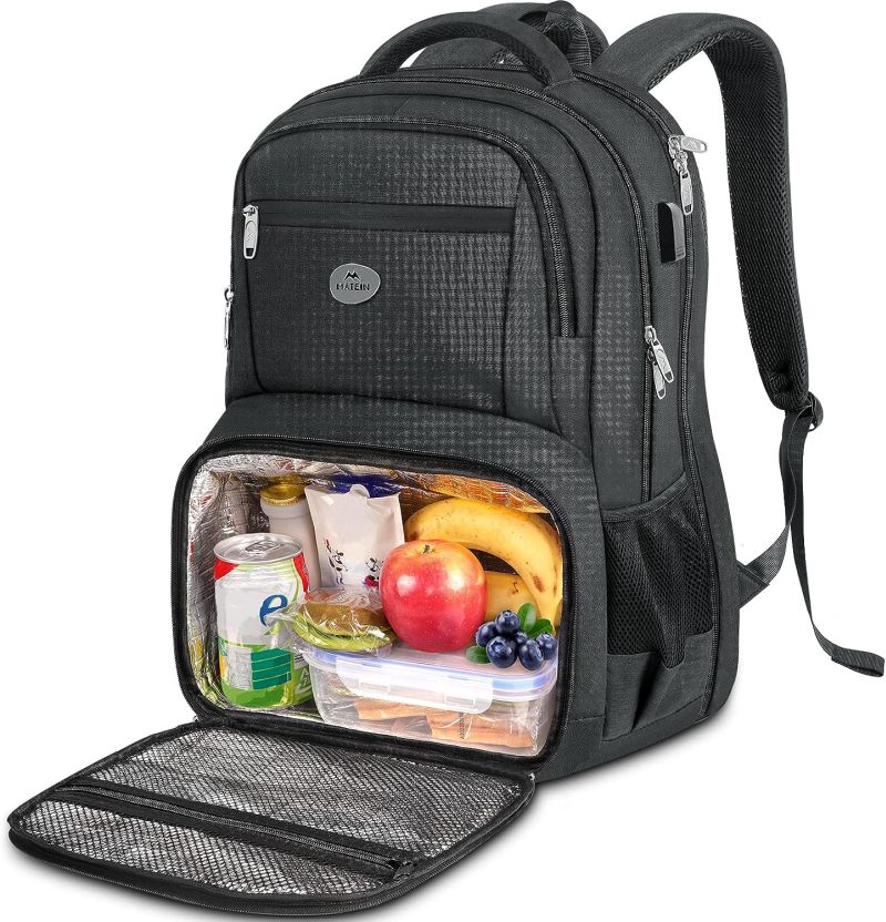 Black backpack with an open front insulated pocket showing a sandwich, fruit, and other lunch items