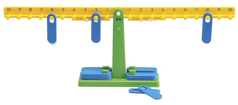 Math balance scale with hanging weighted tags on each side
