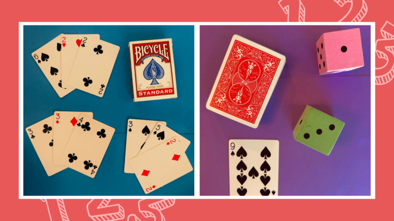 Playing cards and colorful dice illustrating Math Card Games for kids