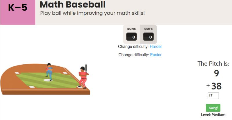 Screenshot from online Math Baseball game, showing a 2-digit addition problem and a player standing on home base ready to swing at the pitch