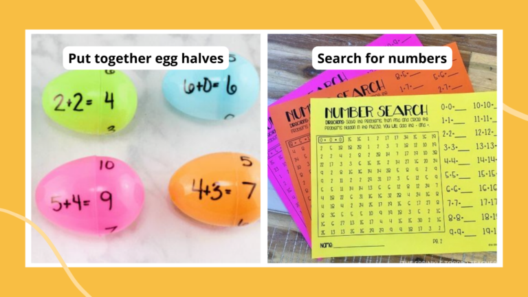 Examples of games and activites to practice math facts including putting together plastic Easter egg halves and doing a number search.