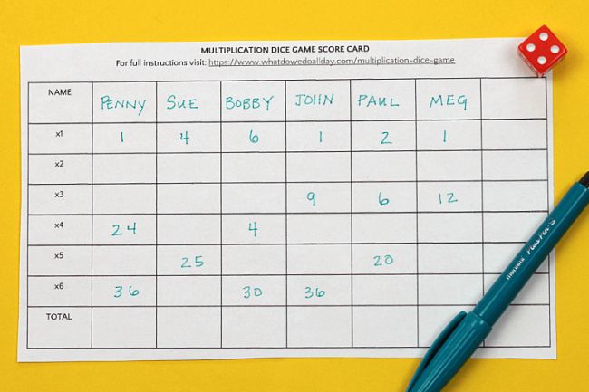 Printable Multiplication Dice Game Score Card with die and pen (Math Facts Practice)