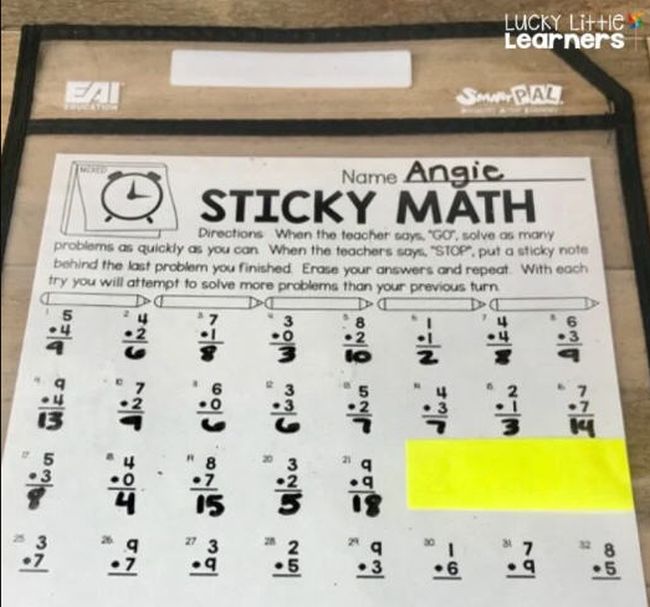Printable Sticky Math worksheet in a sheet protector