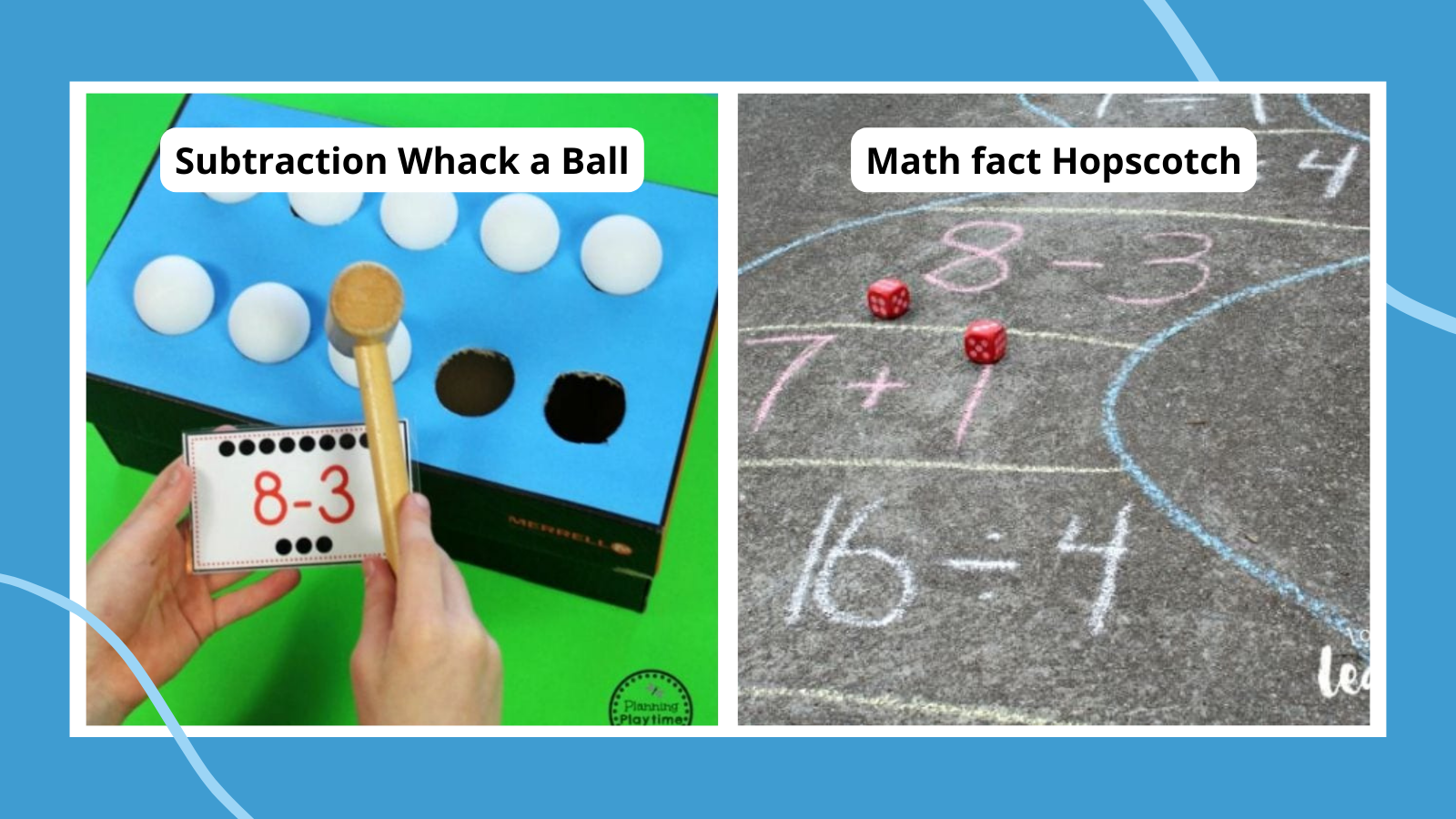 whack a ball subtraction game and hopscotch with numbers
