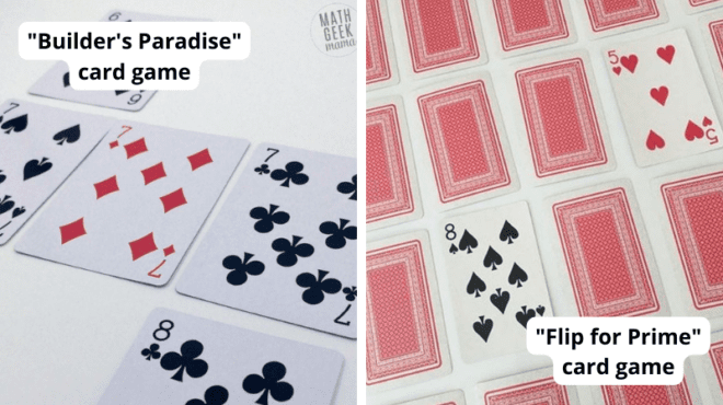 Two photos of classroom math card games