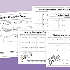 Image of a selection of worksheets from the Math Jokes Puzzle Worksheet Bundle.
