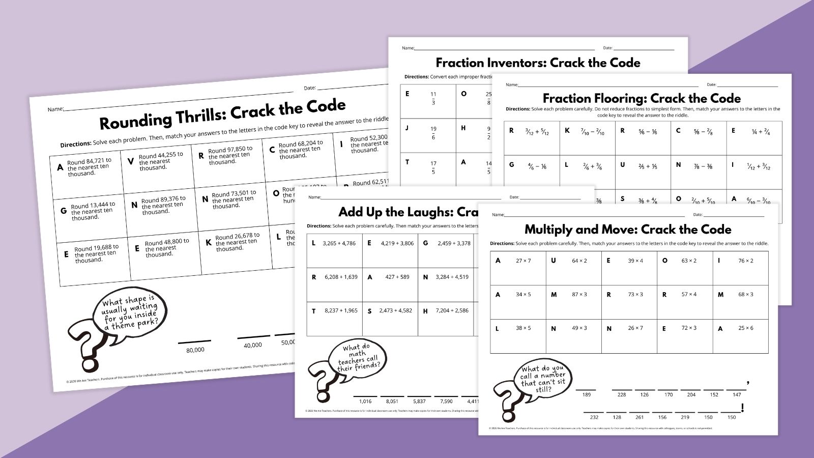 Image of a selection of worksheets from the Math Jokes Puzzle Worksheet Bundle.