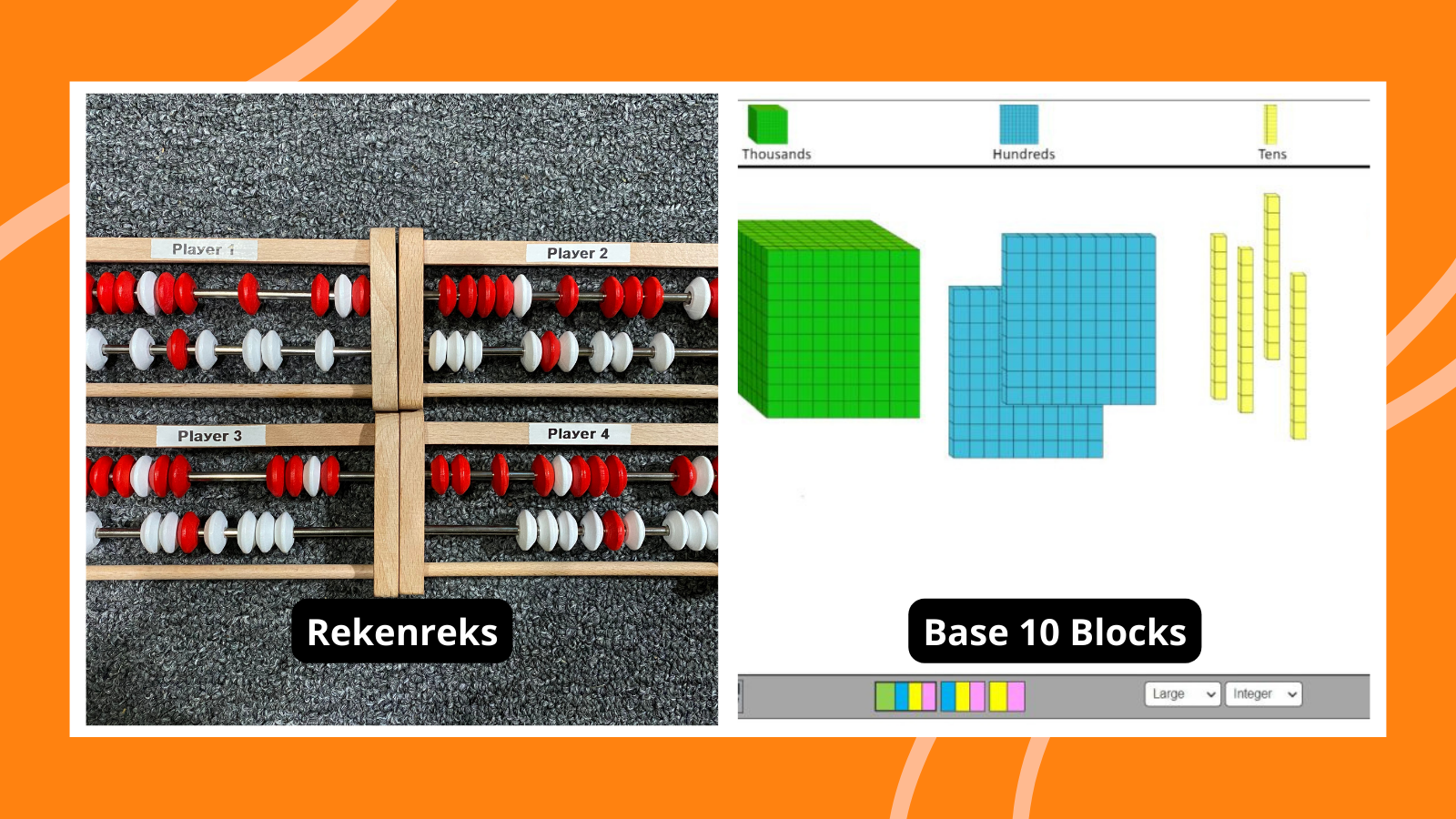 Collage of math manipulatives including rekenreks and virtual base 10 blocks