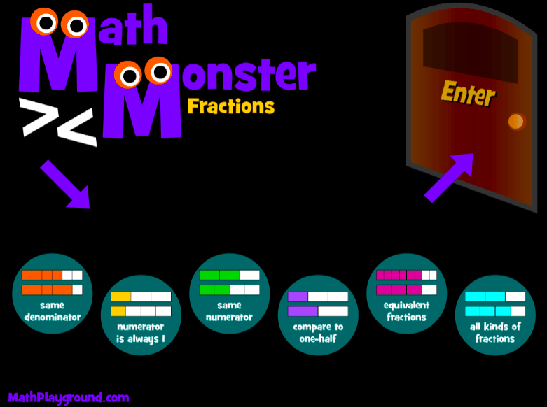 Main screen image of online fraction game Math Monster Fractions