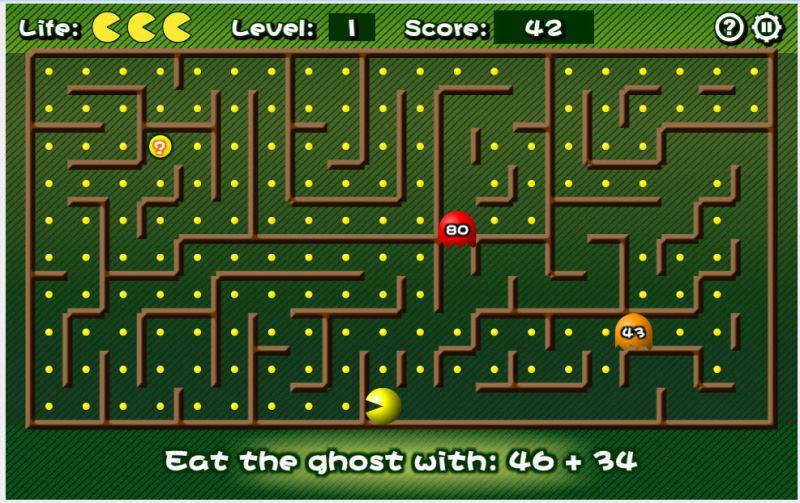 Pacman board with ghosts that have addition sums printed on them