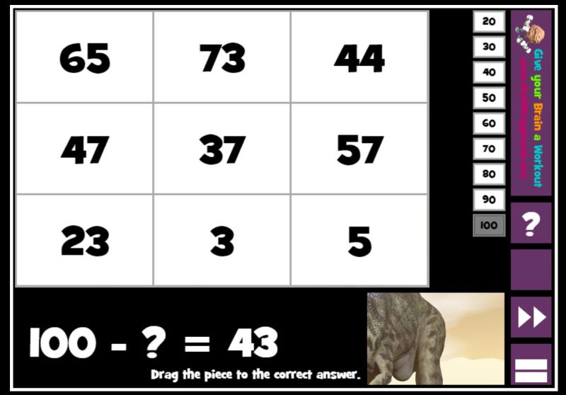 Online math game with a grid of numbers. As each correct answer is selected, it reveals part of a mystery picture.