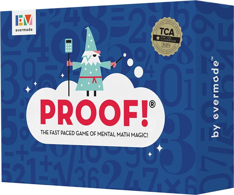 A dark blue box has a cartoon wizard on it and it says PROOF! in big pink letters. (math board games)