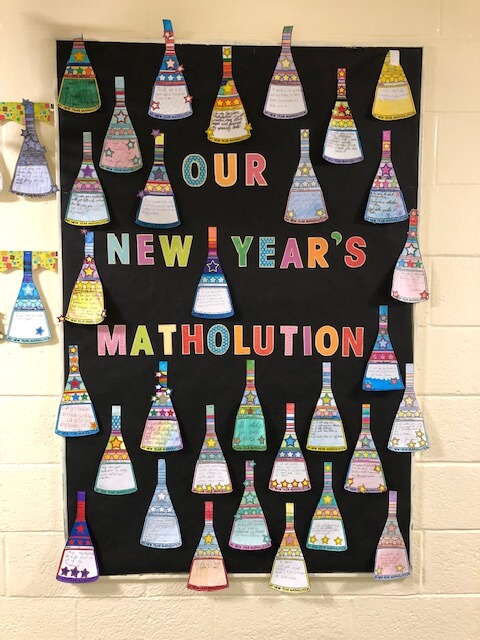 Text reads Our New Year's Matholutions and has differently decorated bells on it. 
