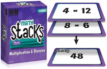 A purple card game box says Math Stacks. A few cards with equations on them are shown (fun card games)