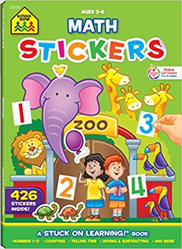 Multiple zoo animals are featured on a green background on this book cover. Stickers with numbers on them are also shown. (best sticker books)