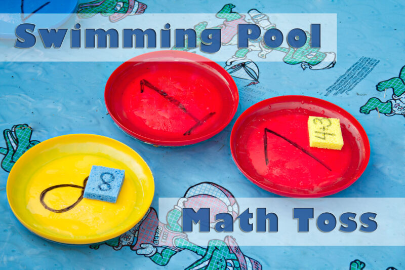 Kiddie pool games can be educational like the one pictured. A kiddie pool has upside down frisbees in it that have been labeled with numbers. 