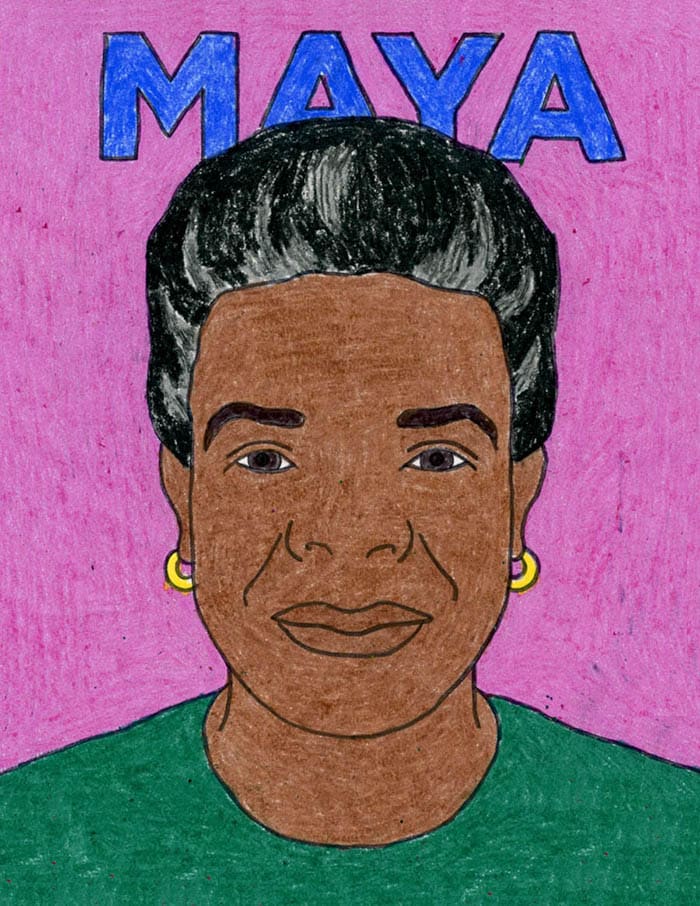 A simple drawing of Maya Angelou from the shoulders up is shown. It says 
