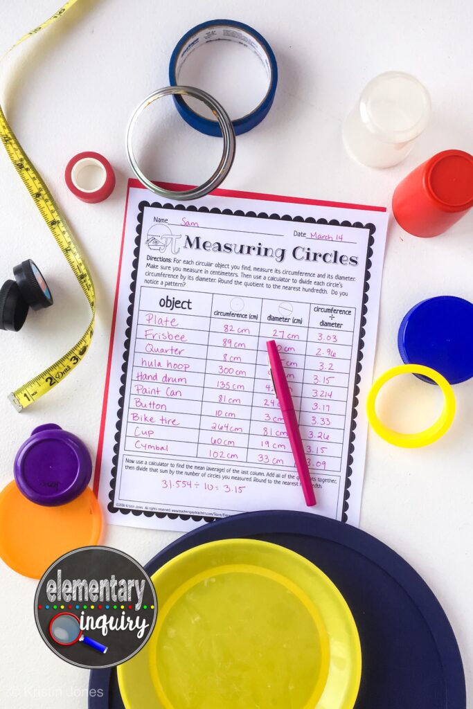 a math worksheet with a pink pen on top with circles of a variety of sizes around it Pi Day Activities