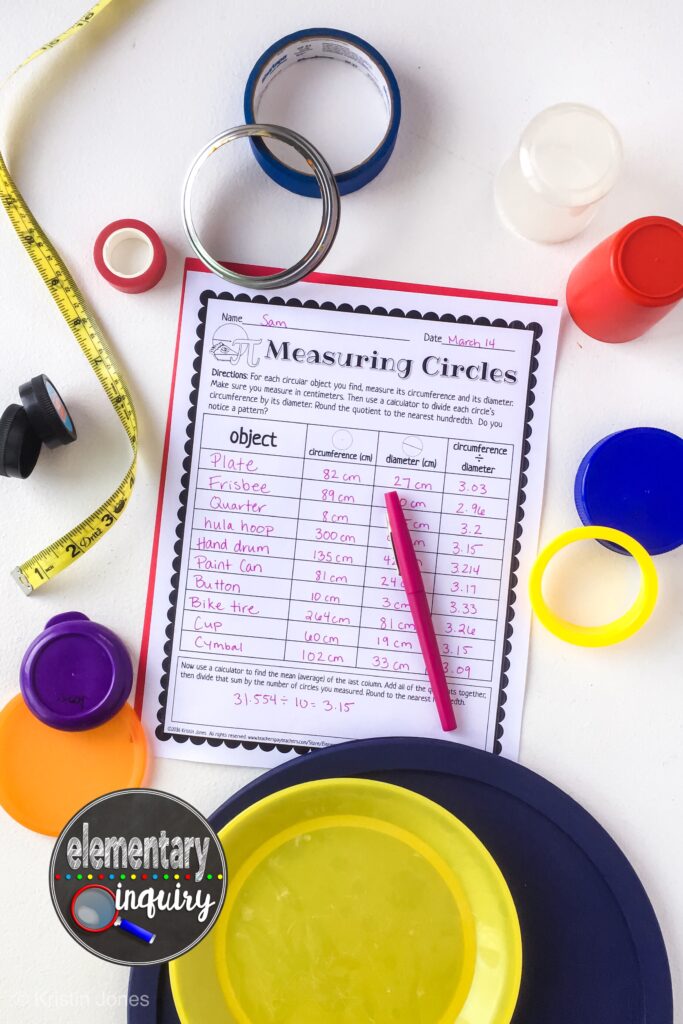 A record sheet for students to measure various items with a pink pen on top