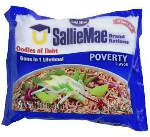 Ramen package with label reading Salliemae Poverty flavor- student loan memes