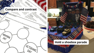 Examples of Memorial Day activities including a compare and contrast worksheet and a parade made out of shoeboxes.