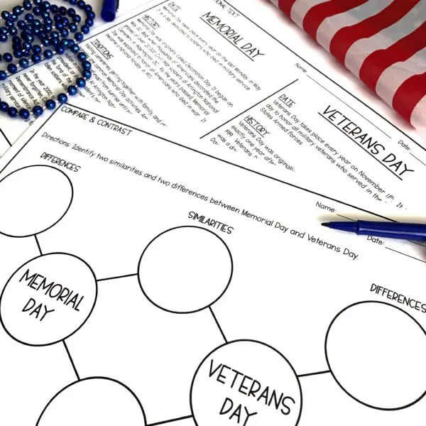 Close up of compare and contrast Memorial Day activities on a table with American flag, blue beads and a blue flair pen.