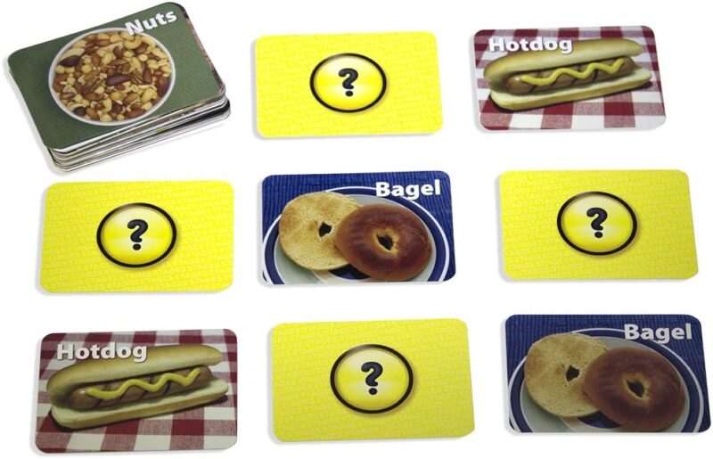 cards are shown spread out that have different real photos of food including hot dogs and bagels.