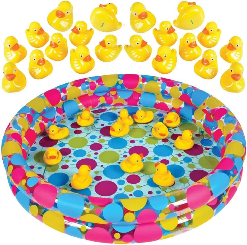 A kiddie pool is filled with and surrounded by rubber ducks. 