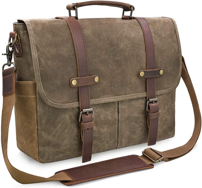 Brown canvas messenger bag with leather straps and buckles, as an example of male teacher gifts.