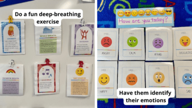 Collage of Sanford fit resources with text 'Try a fun deep-breathing exercise' and 'Have them identify their emotions'