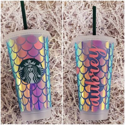 Custom Starbucks cup with shiny mermaid tail pattern