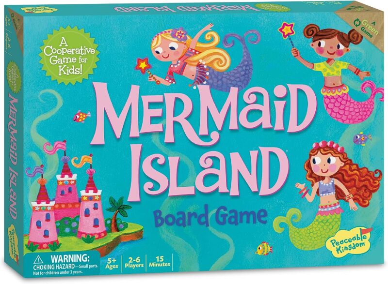 A box said Mermaid Island in big pink letters and features three cartoon mermaids and a cartoon castle.