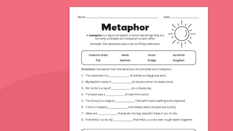 Flat lay of metaphor worksheet