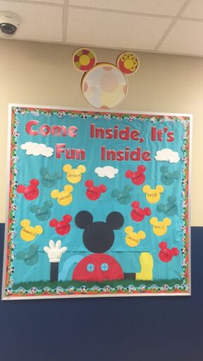 Come inside, it's fun inside Mickey Mouse Clubhouse August bulletin board idea