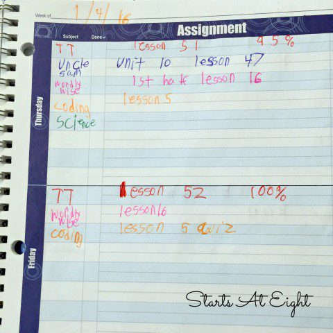 Example of a weekly middle school planner filled out by a student to build their study skills