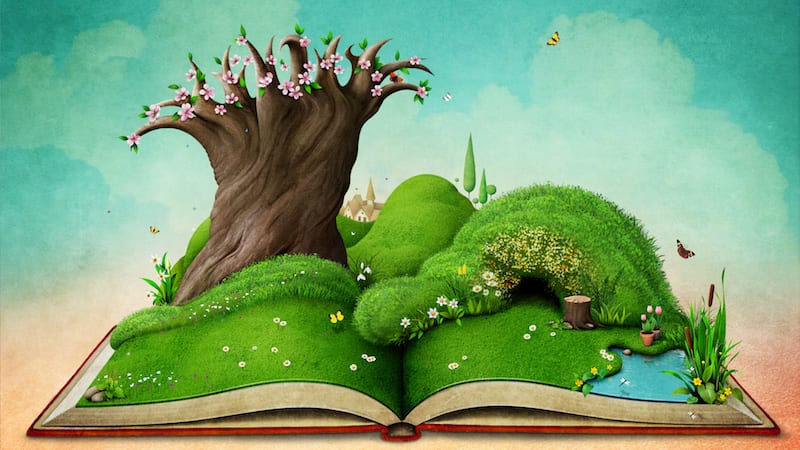 Illustration of a tree and greenery growing from a book