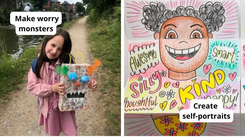 Examples of mindfulness activities for kids including a girl holding a worry monster art project and a colorful self-portrait with positive affirmations