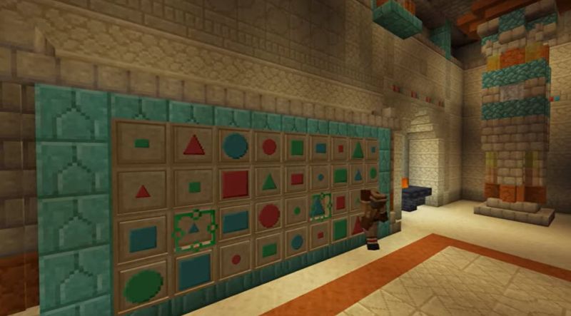 Screenshot from Minecraft for Education with character selecting a tile from a wall of shapes