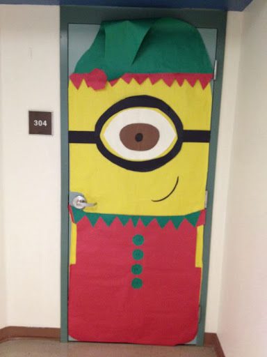 Door with decor of a minion wearing Holiday decor