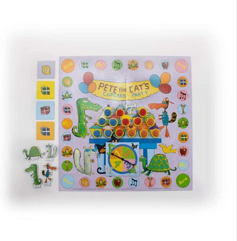 A game board features a cartoon crocodile, turtle, and other animals eating deserts in this example of best board games for preschoolers. 