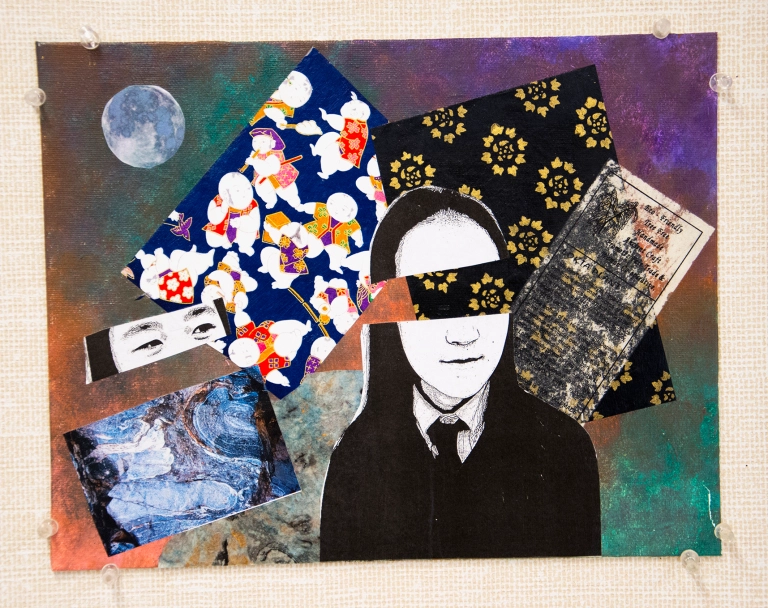 Pieces of different scrap paper and a drawing of a girl are cut up and pasted together in this example of art projects for middle schoolers