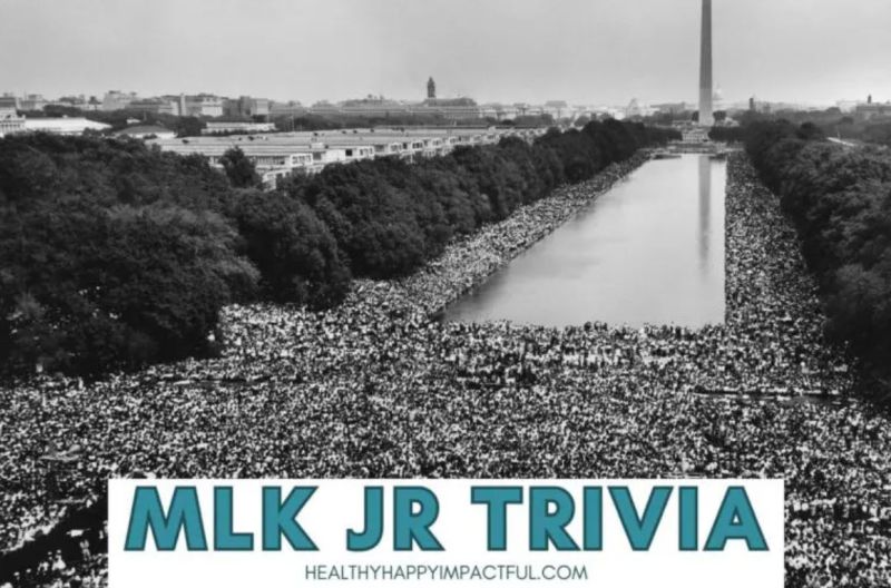 Black and white photo of the March on Washington showing the crowds at the Mall in Washington DC. Text reads MLK Jr Trivia